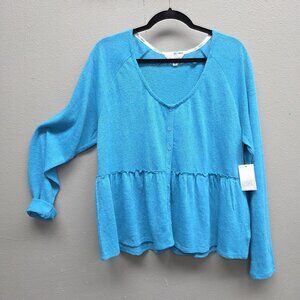 Daily Thread Shirt Womens XL Blue V-Neck Peplum Button Front Long Sleeve Knit